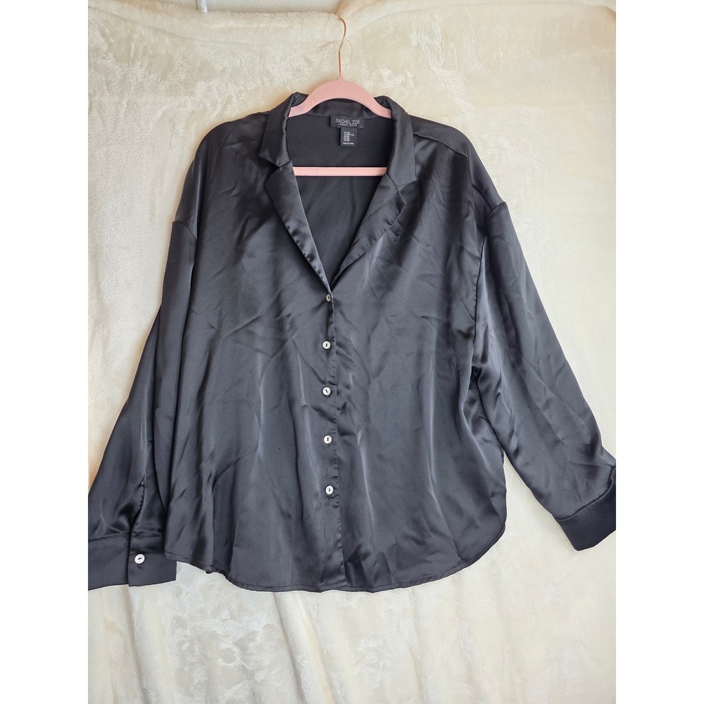 Rachel Zoe Black Satin Button‎ Up Collared Long Sleeve Shirt Top Women XXL